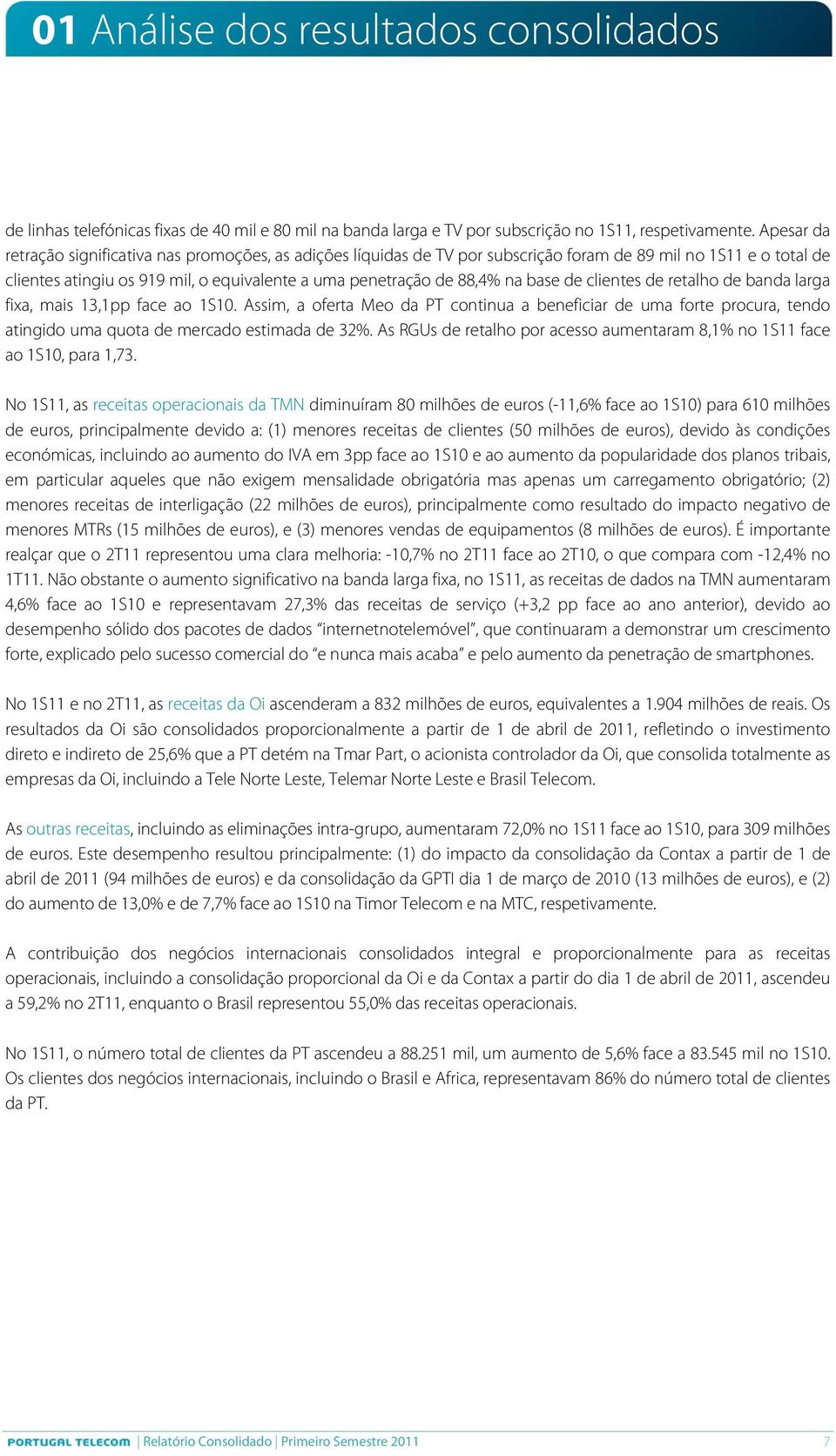 base de clientes de retalho de banda larga fixa, mais 13,1pp face ao 1S10. Assim, a oferta Meo da PT continua a beneficiar de uma forte procura, tendo atingido uma quota de mercado estimada de 32%.