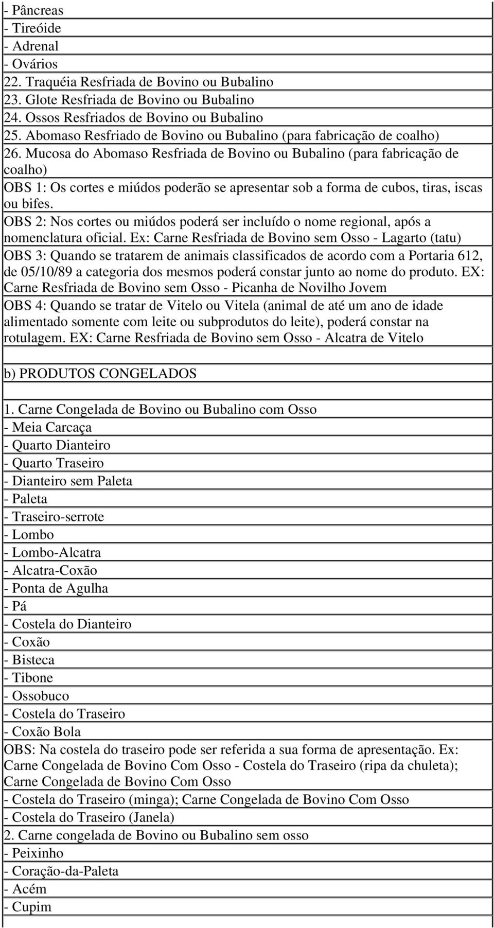 Mucosa do Abomaso Resfriada de Bovino ou Bubalino (para fabricação de coalho) OBS 1: Os cortes e miúdos poderão se apresentar sob a forma de cubos, tiras, iscas ou bifes.