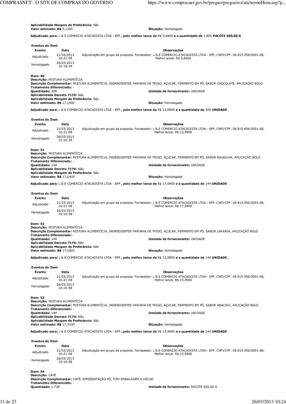 BOLO Quantidade: 309 Valor estimado: R$ 17,1000 Situação: para: L & E COMERCIO ATACADISTA LTDA - EPP, pelo melhor lance de R$ 12,9900 e a quantidade de 309 UNIDADE.