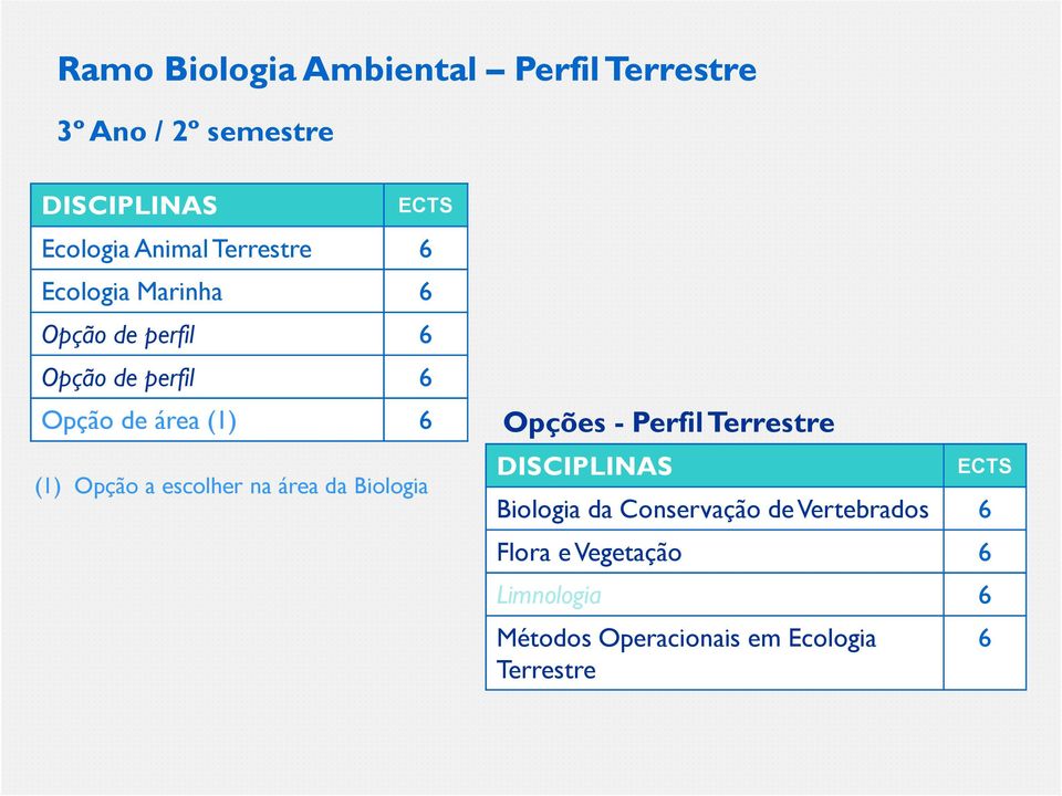 a escolher na área da Biologia Opções - Perfil Terrestre Biologia da Conservação de