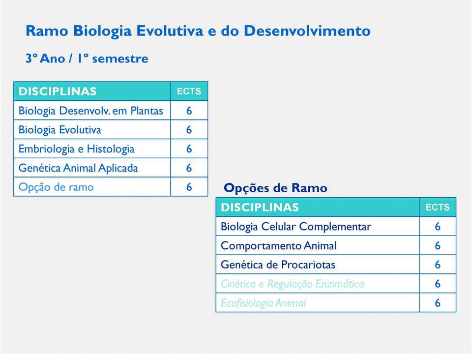 6 Opção de ramo 6 Opções de Ramo Biologia Celular Complementar 6 Comportamento Animal