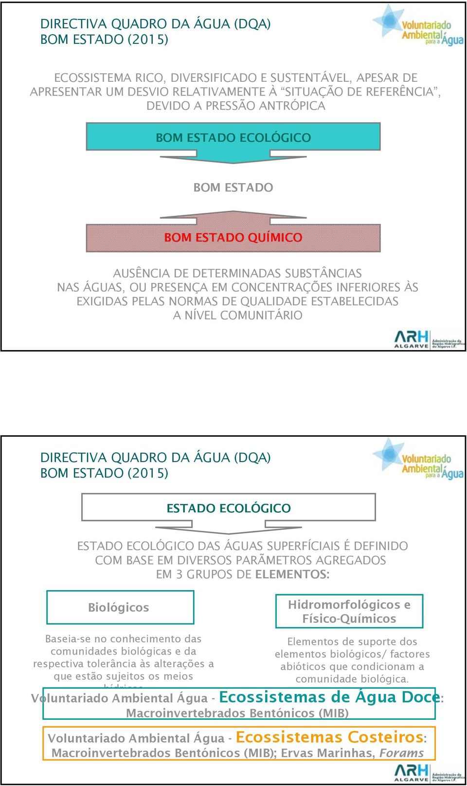 COMUNITÁRIO DIRECTIVA QUADRO DA ÁGUA (DQA) BOM ESTADO (2015) ESTADO ECOLÓGICO ESTADO ECOLÓGICO DAS ÁGUAS SUPERFÍCIAIS É DEFINIDO COM BASE EM DIVERSOS PARÃMETROS AGREGADOS EM 3 GRUPOS DE ELEMENTOS: