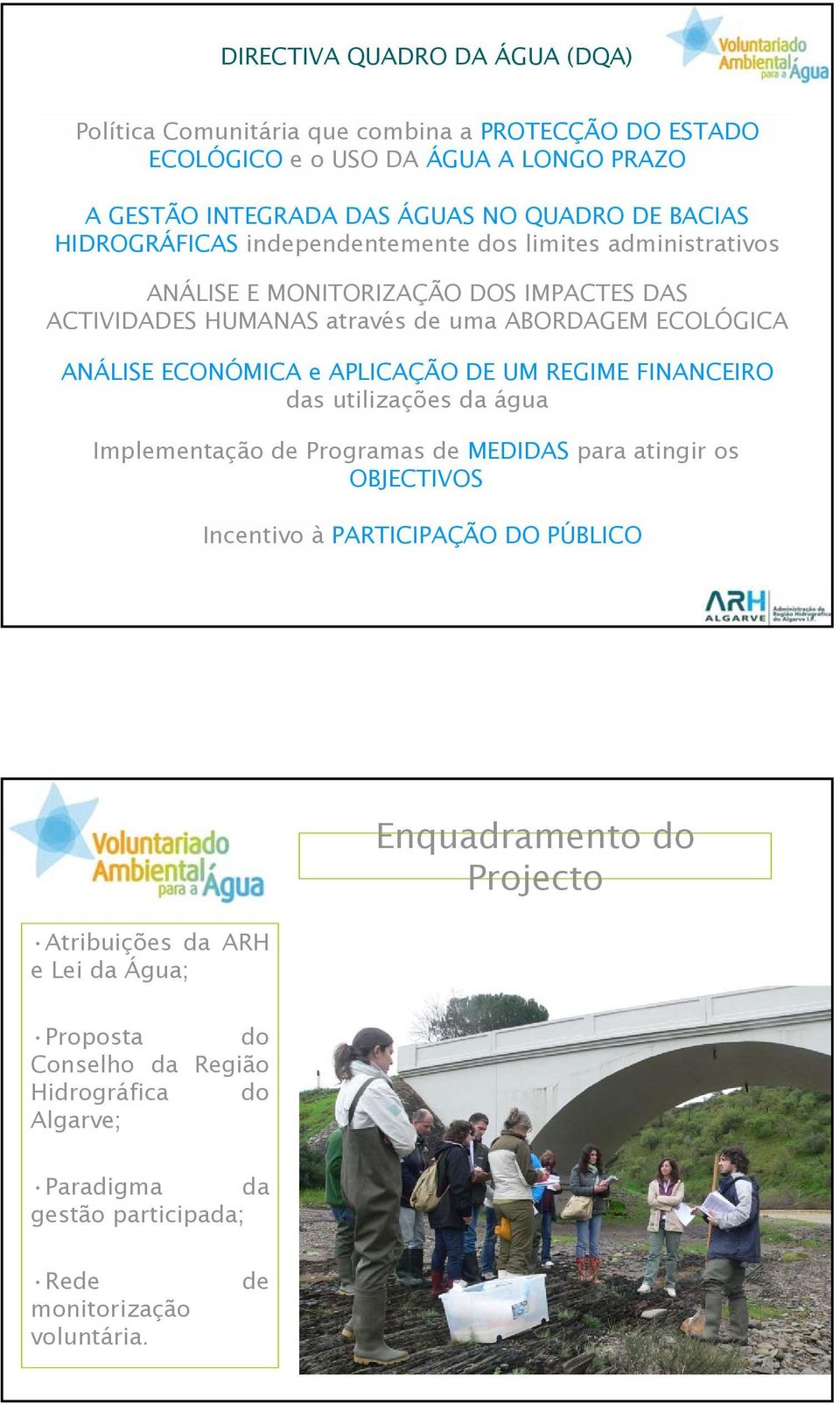 ECONÓMICA e APLICAÇÃO DE UM REGIME FINANCEIRO das utilizações da água Implementação de Programas de MEDIDAS para atingir os OBJECTIVOS Incentivo à PARTICIPAÇÃO DO PÚBLICO