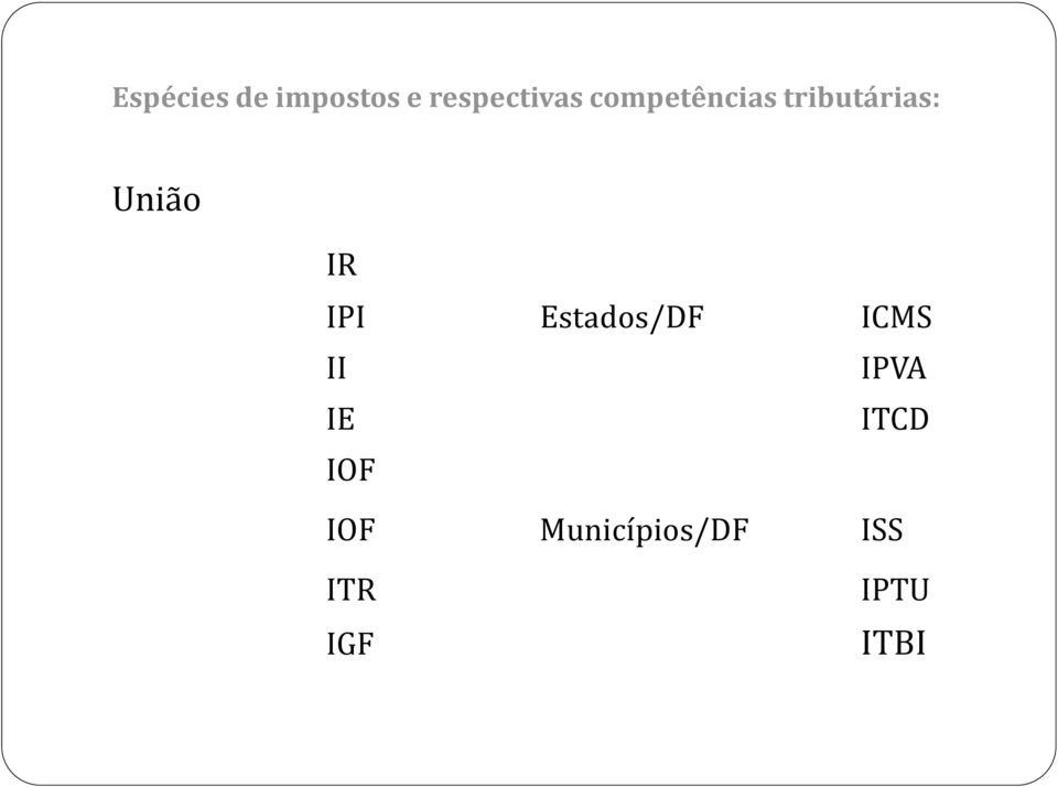 IPI Estados/DF ICMS II IPVA IE ITCD