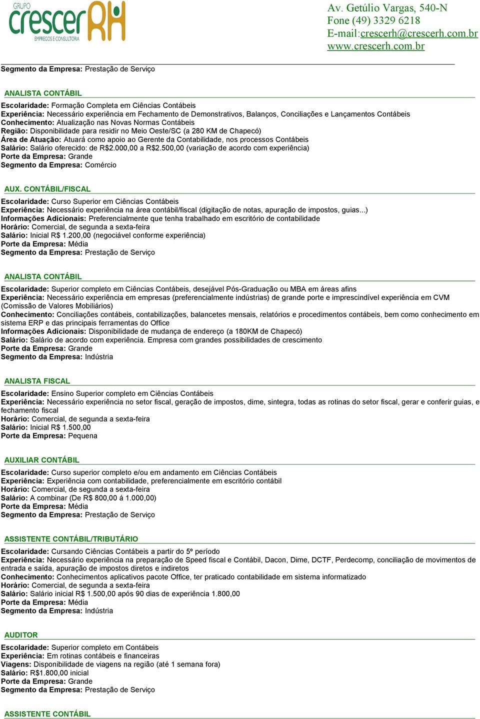 processos Contábeis Salário: Salário oferecido: de R$2.000,00 a R$2.500,00 (variação de acordo com experiência) AUX.