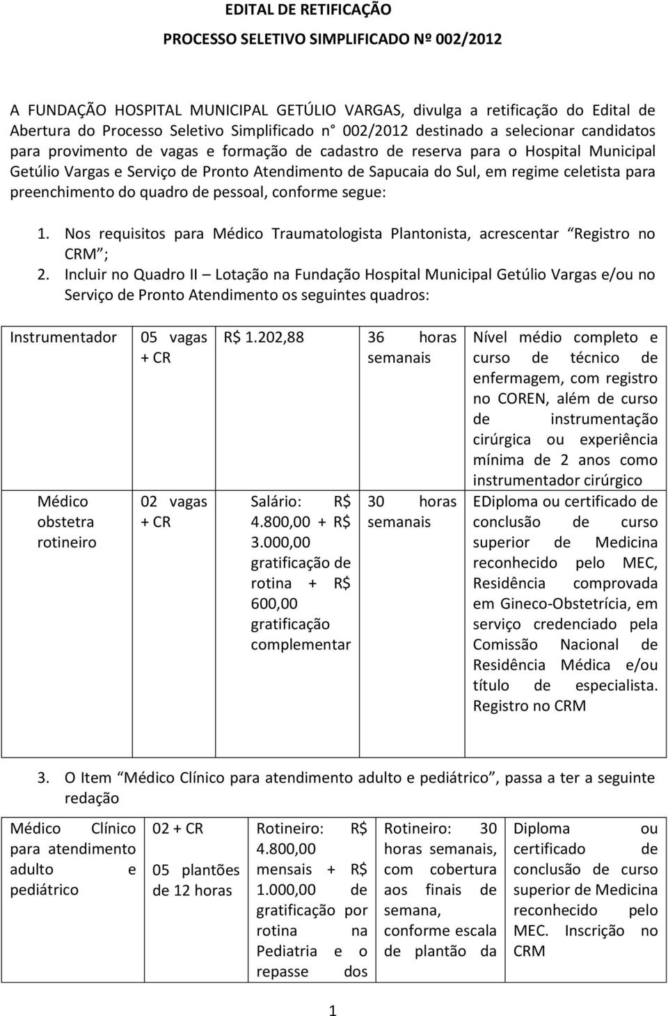 celetista para preenchimento do quadro de pessoal, conforme segue: 1. Nos requisitos para Médico Traumatologista Plantonista, acrescentar Registro no CRM ; 2.