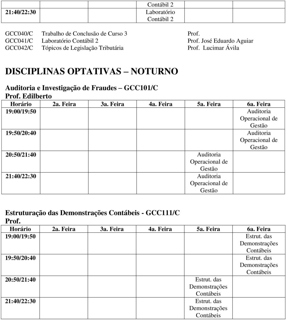 Lucimar Ávila DISCIPLINAS OPTATIVAS NOTURNO Auditoria e Investigação de Fraudes GCC101/C Prof.