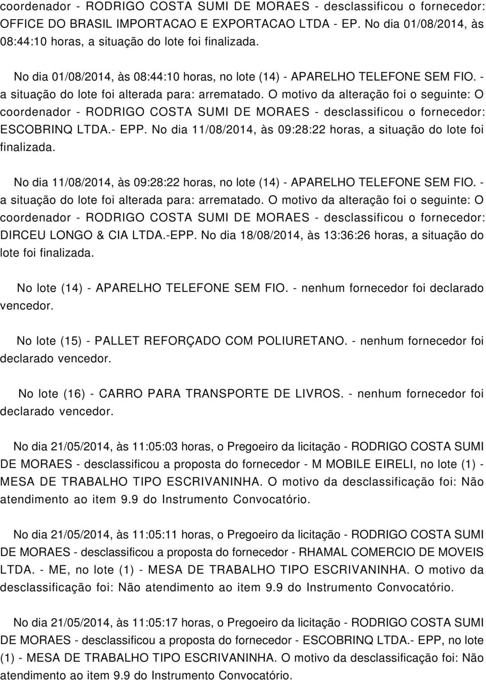 O motivo da alteração foi o seguinte: O coordenador - RODRIGO COSTA SUMI DE MORAES - desclassificou o fornecedor: ESCOBRINQ LTDA.- EPP.