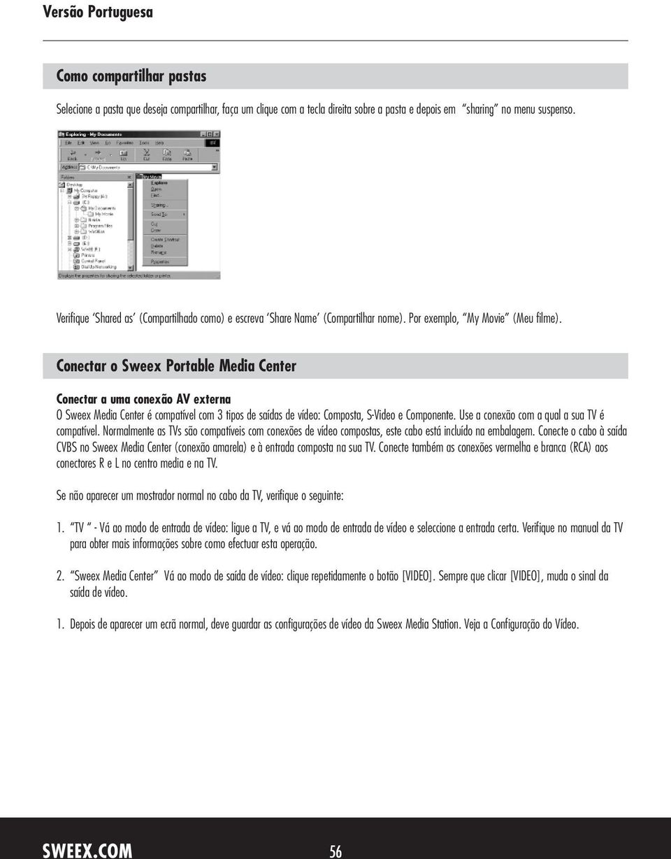 Conectar o Sweex Portable Media Center Conectar a uma conexão AV externa O Sweex Media Center é compatível com 3 tipos de saídas de vídeo: Composta, S-Video e Componente.