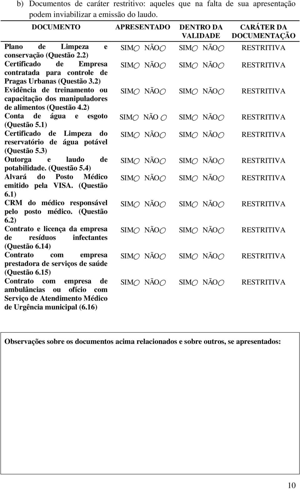 2) Conta de água e esgoto (Questão 5.1) Certificado de Limpeza do reservatório de água potável (Questão 5.3) Outorga e laudo de potabilidade. (Questão 5.4) Alvará do Posto Médico emitido pela VISA.