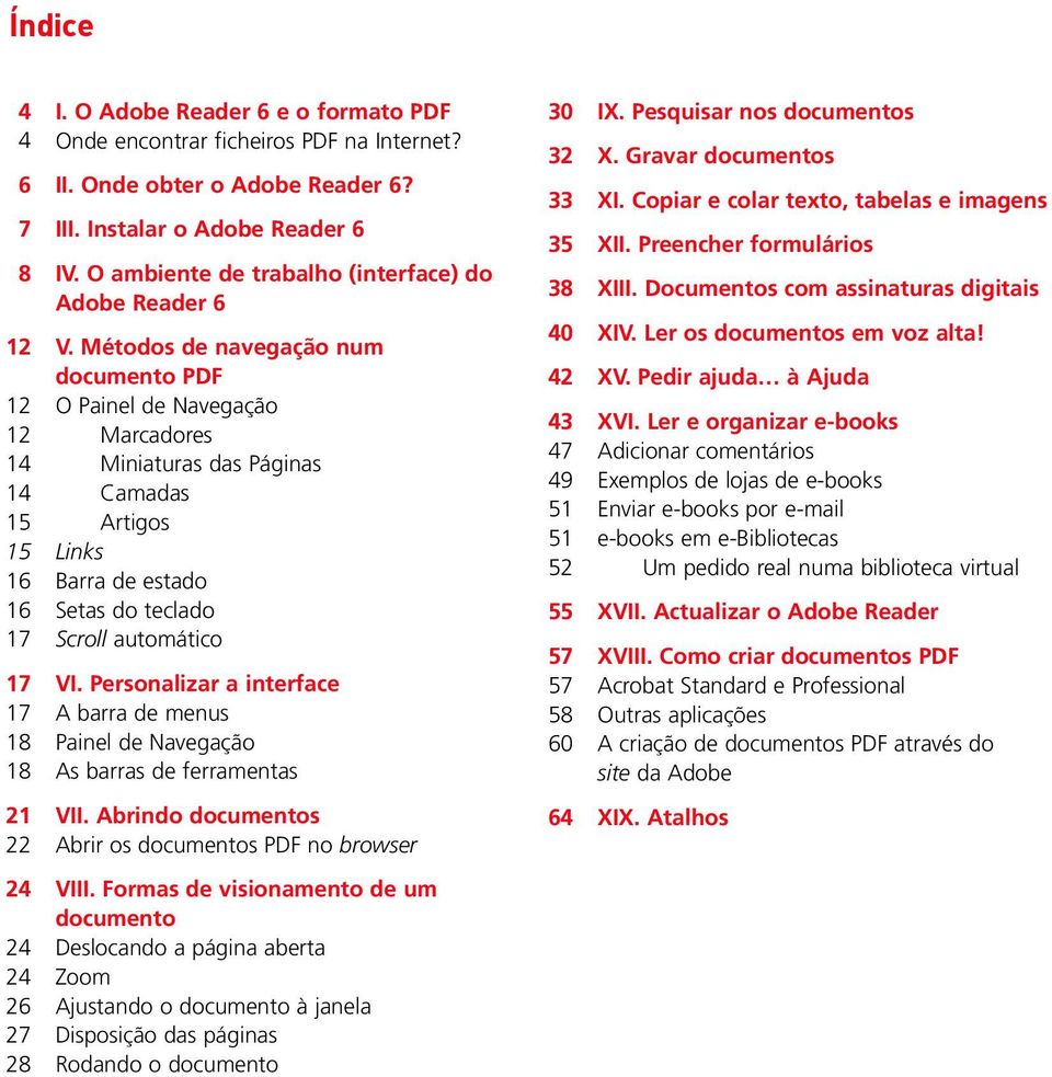 Métodos de navegação num documento PDF O Painel de Navegação Marcadores Miniaturas das Páginas Camadas Artigos Links Barra de estado Setas do teclado Scroll automático VI.