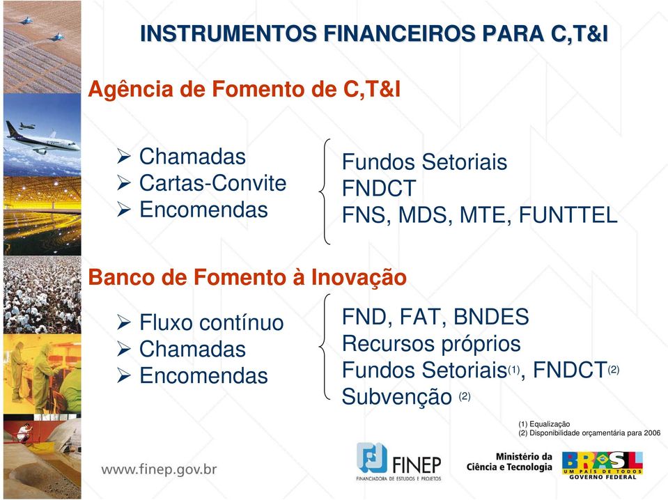 Fomento à Inovação Fluxo contínuo Chamadas Encomendas FND, FAT, BNDES Recursos