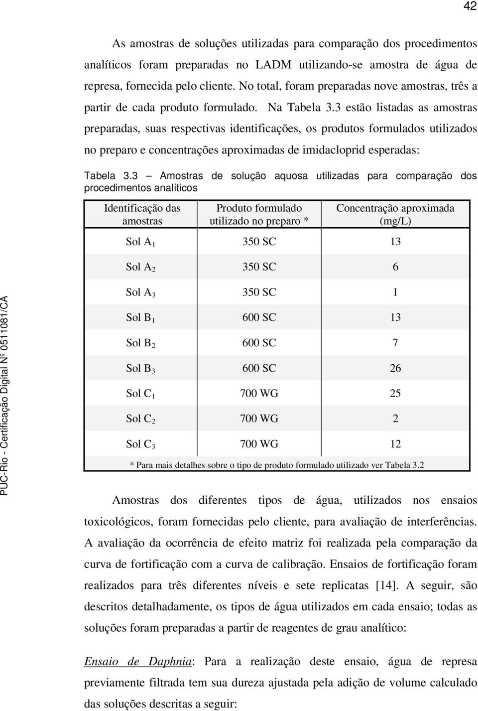 3 estão listadas as amostras preparadas, suas respectivas identificações, os produtos formulados utilizados no preparo e concentrações aproximadas de imidacloprid esperadas: Tabela 3.