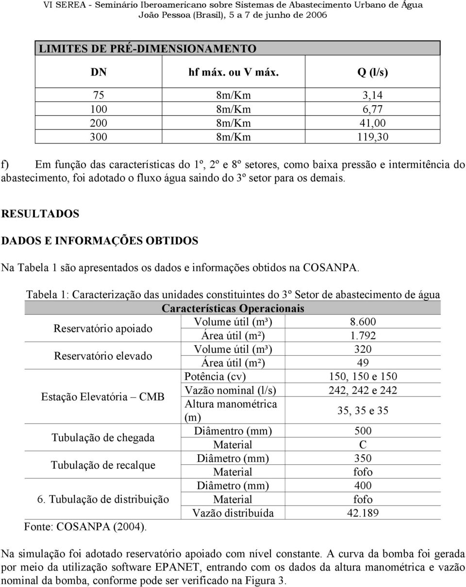 água saindo do 3º setor para os demais. RESULTADOS DADOS E INFORMAÇÕES OBTIDOS Na Tabela 1 são apresentados os dados e informações obtidos na COSANPA.