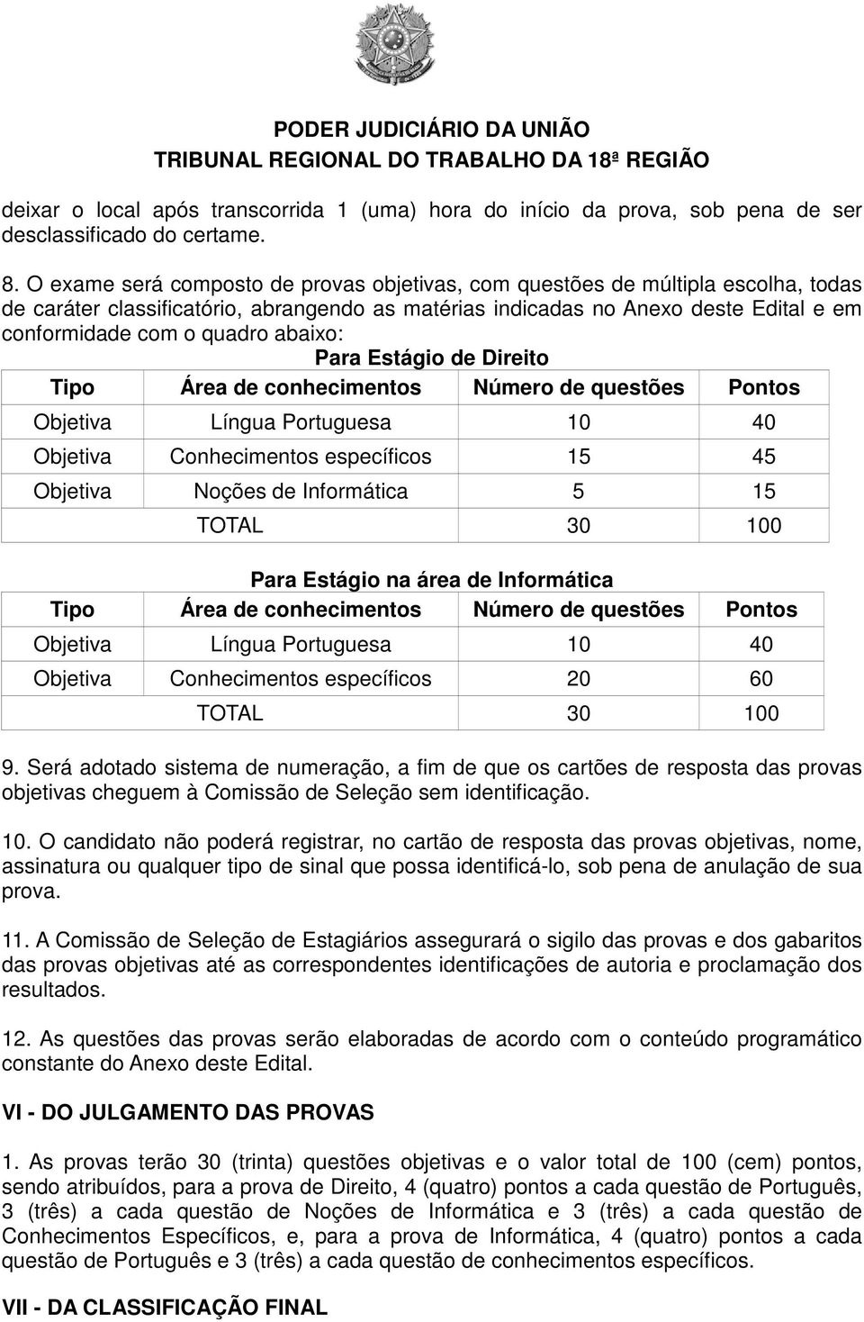 abaixo: Para Estágio de Direito Tipo Área de conhecimentos Número de questões Pontos Objetiva Língua Portuguesa 10 40 Objetiva Conhecimentos específicos 15 45 Objetiva Noções de Informática 5 15