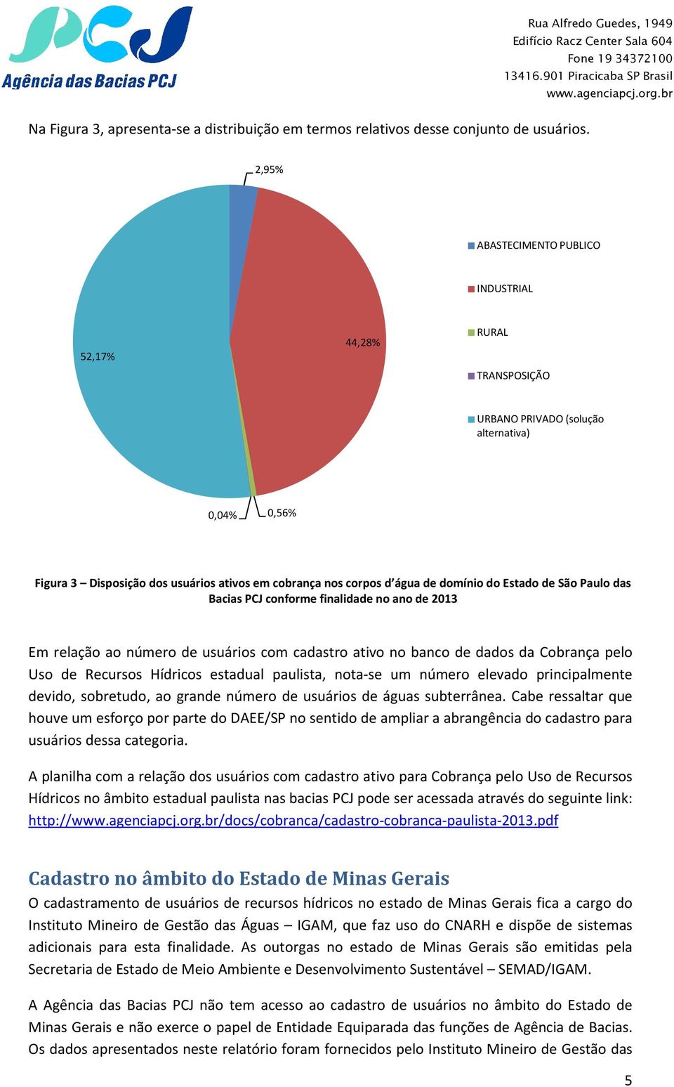 domínio do Estado de São Paulo das Bacias PCJ conforme finalidade no ano de 2013 Em relação ao número de usuários com cadastro ativo no banco de dados da Cobrança pelo Uso de Recursos Hídricos