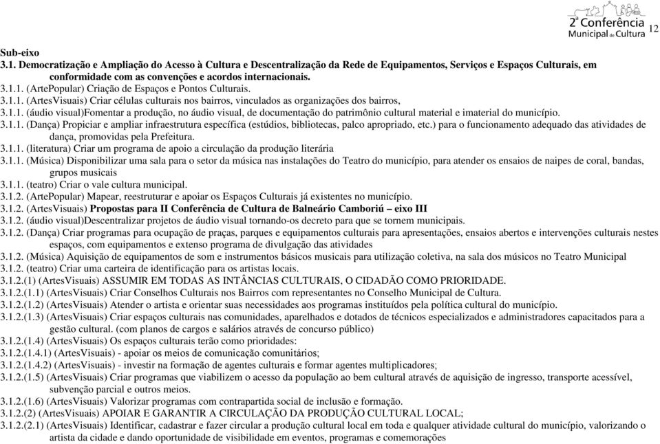 3.1.1. (Dança) Propiciar e ampliar infraestrutura específica (estúdios, bibliotecas, palco apropriado, etc.) para o funcionamento adequado das atividades de dança, promovidas pela Prefeitura. 3.1.1. (literatura) Criar um programa de apoio a circulação da produção literária 3.