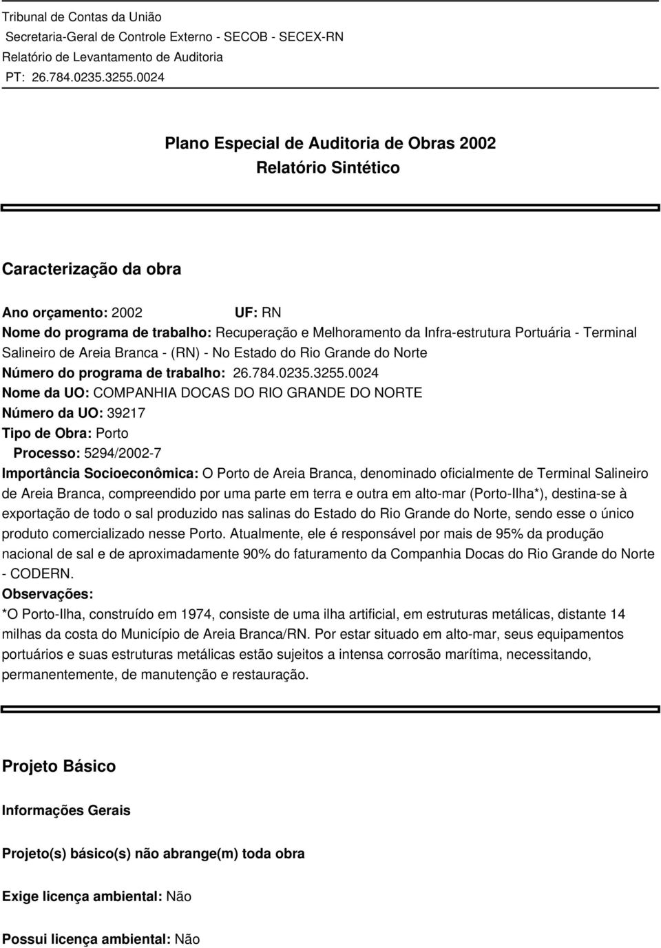 0024 Nome da UO: COMPANHIA DOCAS DO RIO GRANDE DO NORTE Número da UO: 39217 Tipo de Obra: Porto Processo: 5294/2002-7 Importância Socioeconômica: O Porto de Areia Branca, denominado oficialmente de