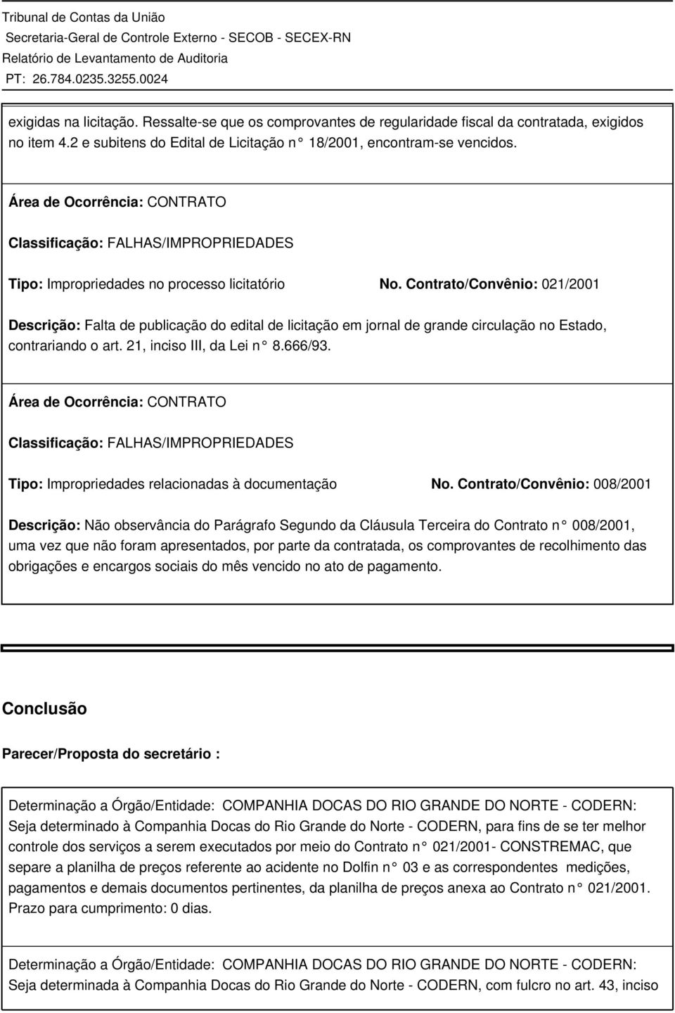 Contrato/Convênio: 021/2001 Descrição: Falta de publicação do edital de licitação em jornal de grande circulação no Estado, contrariando o art. 21, inciso III, da Lei n 8.666/93.