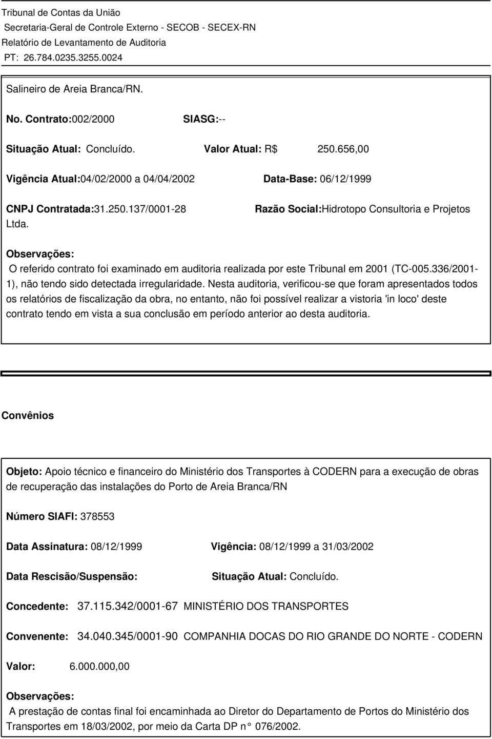 336/2001-1), não tendo sido detectada irregularidade.