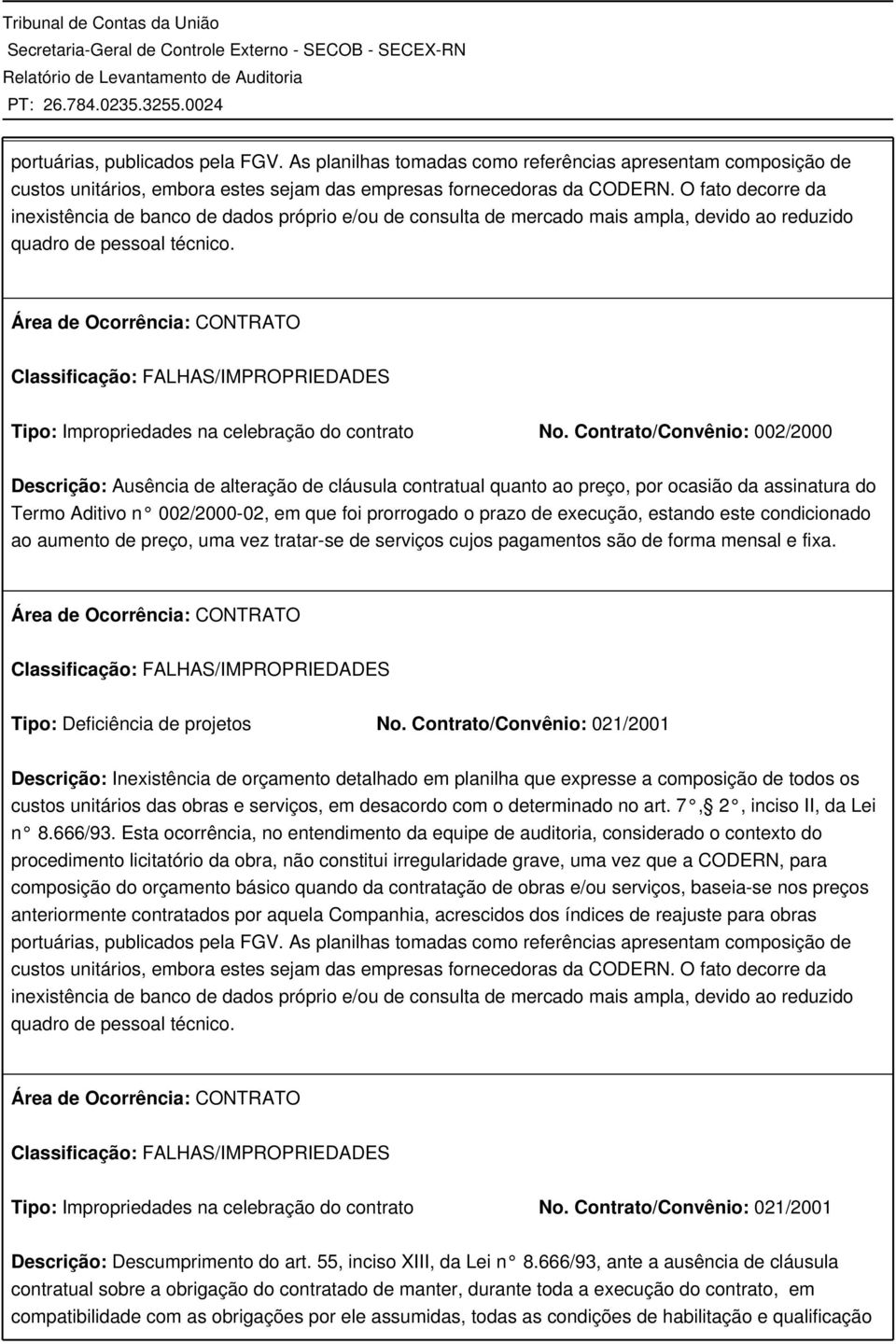 Área de Ocorrência: CONTRATO Classificação: FALHAS/IMPROPRIEDADES Tipo: Impropriedades na celebração do contrato No.