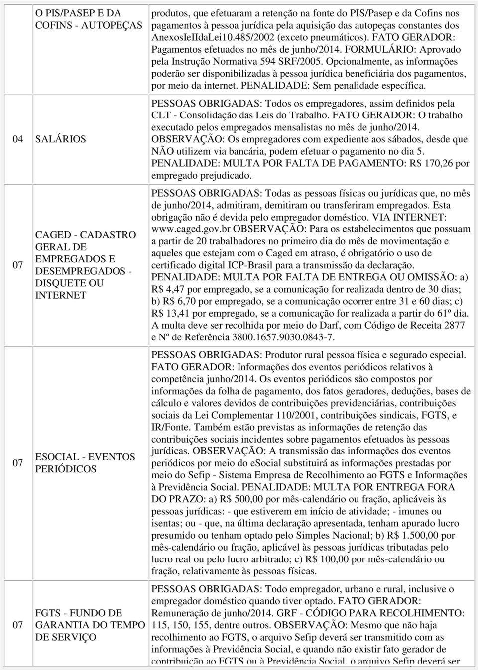 485/2002 (exceto pneumáticos). FATO GERADOR: Pagamentos efetuados no mês de junho/2014. FORMULÁRIO: Aprovado pela Instrução Normativa 594 SRF/2005.