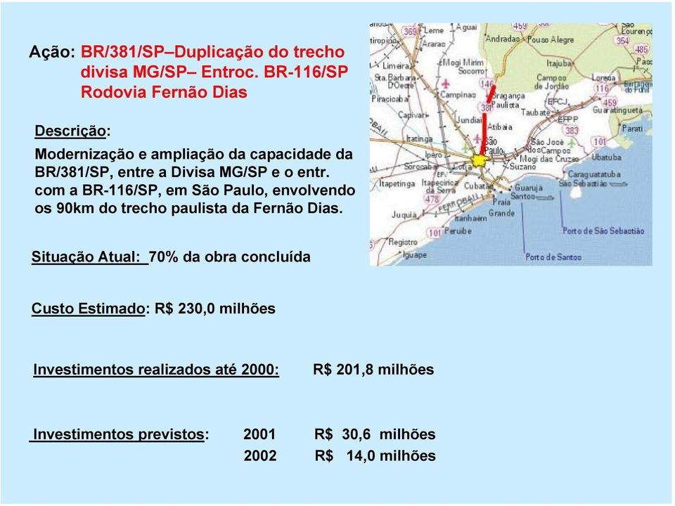 entr. com a BR-116/SP, em São Paulo, envolvendo os 90km do trecho paulista da Fernão Dias.