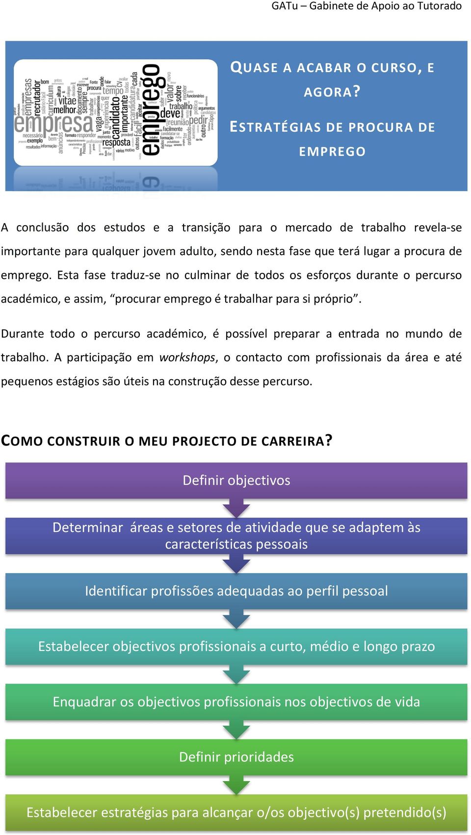 emprego. Esta fase traduz-se no culminar de todos os esforços durante o percurso académico, e assim, procurar emprego é trabalhar para si próprio.