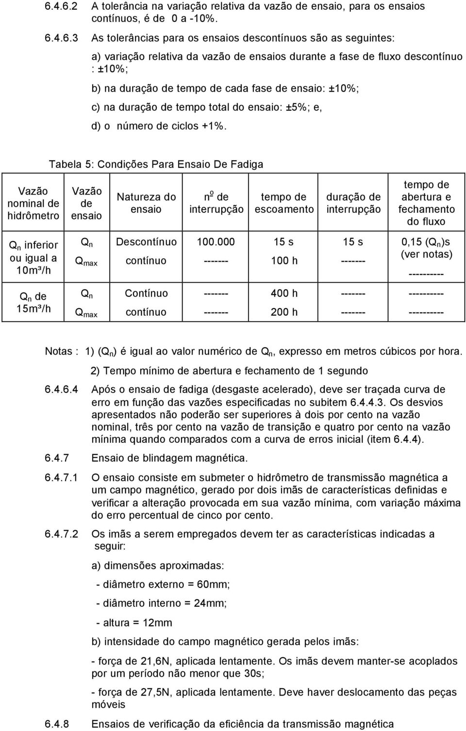 Tabela 5: Condições Para Ensaio De Fadiga Vazão nominal de hidrômetro Vazão de ensaio Natureza do ensaio n o de interrupção tempo de escoamento duração de interrupção tempo de abertura e fechamento