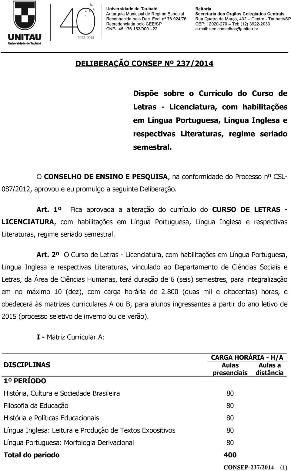 1º Fica aprovada a alteração do currículo do CURSO DE LETRAS - LICENCIATURA, com habilitações em Língua Portuguesa, Língua Inglesa e respectivas Literaturas, regime seriado semestral. Art.