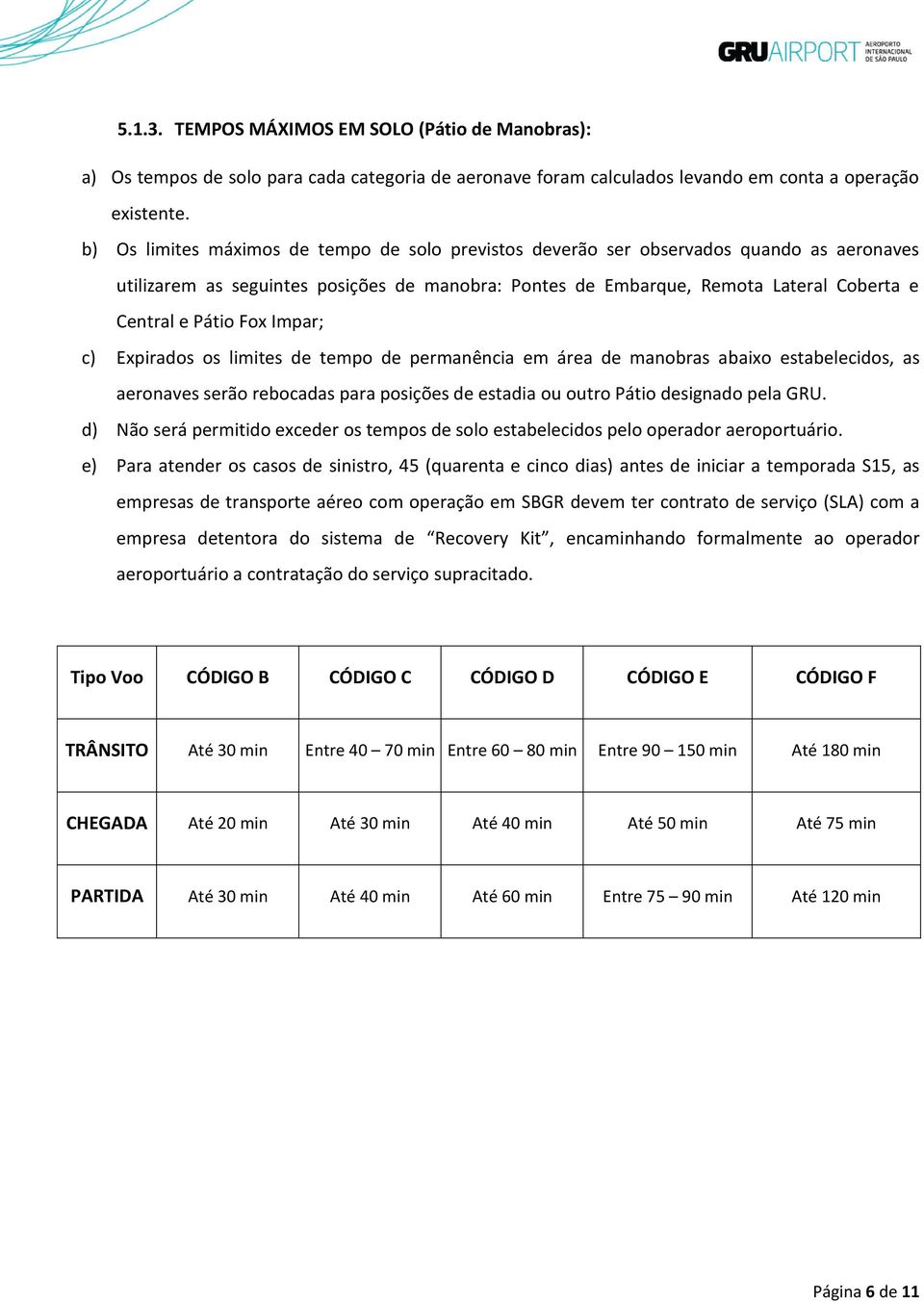 Fox Impar; c) Expirados os limites de tempo de permanência em área de manobras abaixo estabelecidos, as aeronaves serão rebocadas para posições de estadia ou outro Pátio designado pela GRU.