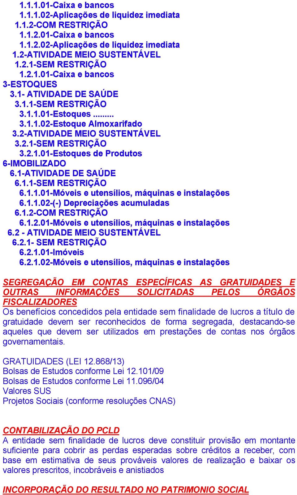 1-ATIVIDADE DE SAÚDE 6.1.1-SEM RESTRIÇÃO 6.1.1.01-Móveis e utensílios, máquinas e instalações 6.1.1.02-(-) Depreciações acumuladas 6.1.2-COM RESTRIÇÃO 6.1.2.01-Móveis e utensílios, máquinas e instalações 6.2 - ATIVIDADE MEIO SUSTENTÁVEL 6.