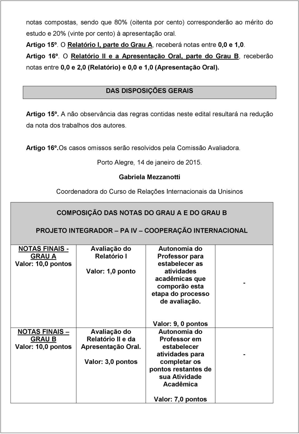 O Relatório II e a Apresentação Oral, parte do Grau B, receberão notas entre 0,0 e 2,0 (Relatório) e 0,0 e 1,0 (Apresentação Oral). DAS DISPOSIÇÕES GERAIS Artigo 15º.