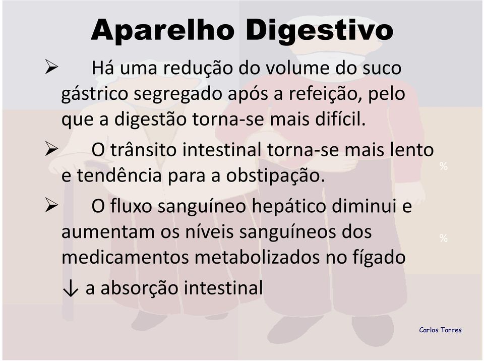 O trânsito intestinal torna-se mais lento e tendência para a obstipação.