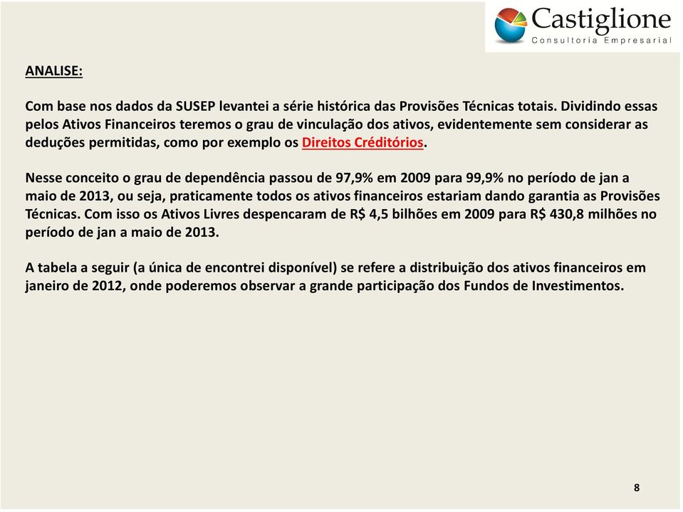 Nesse conceito o grau de dependência passou de 97,9% em 2009 para 99,9% no período de jan a maio de 2013, ou seja, praticamente todos os ativos financeiros estariam dando garantia as Provisões