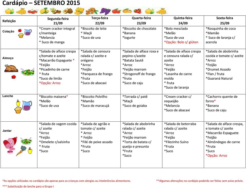 tomate c/ *Drumet Assado *Flan / fruta *Guaraná Natural *Biscoito maisena* de uva *Biscoito Polvilho de maracujá *Torrada c/ patê de goiaba *Cream cracker c/ requeijão de abacaxi