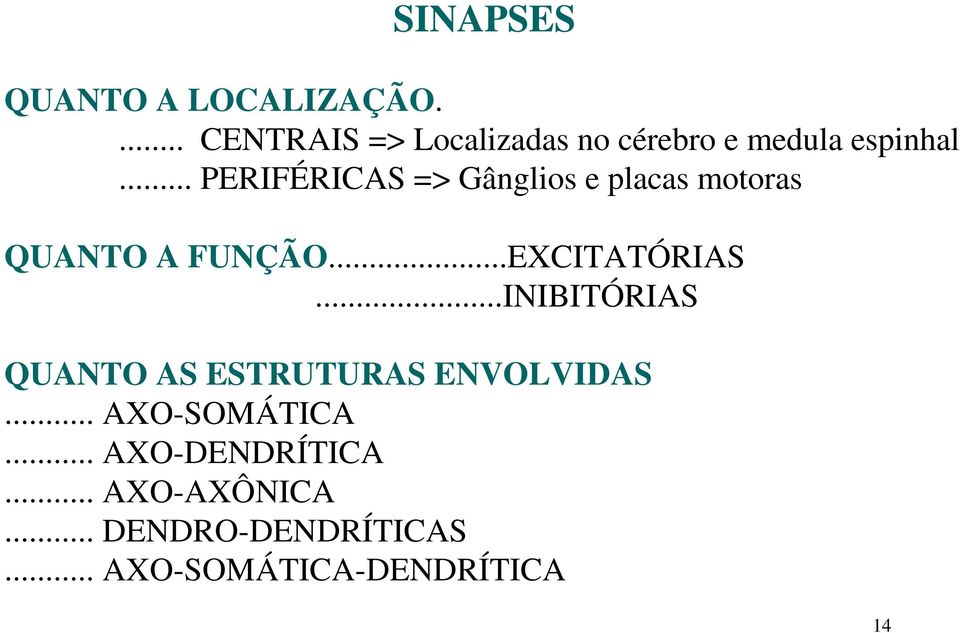 .. PERIFÉRICAS => Gânglios e placas motoras QUANTO A FUNÇÃO...EXCITATÓRIAS.