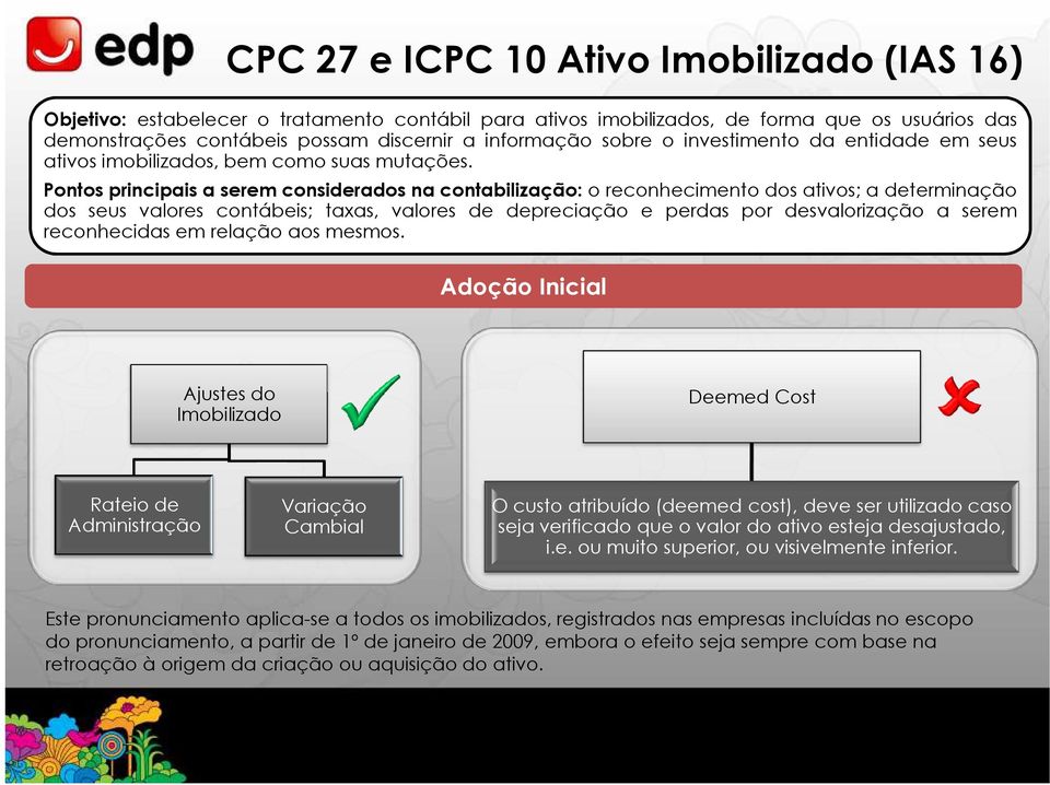 Pontos principais a serem considerados na contabilização: o reconhecimento dos ativos; a determinação dos seus valores contábeis; taxas, valores de depreciação e perdas por desvalorização a serem