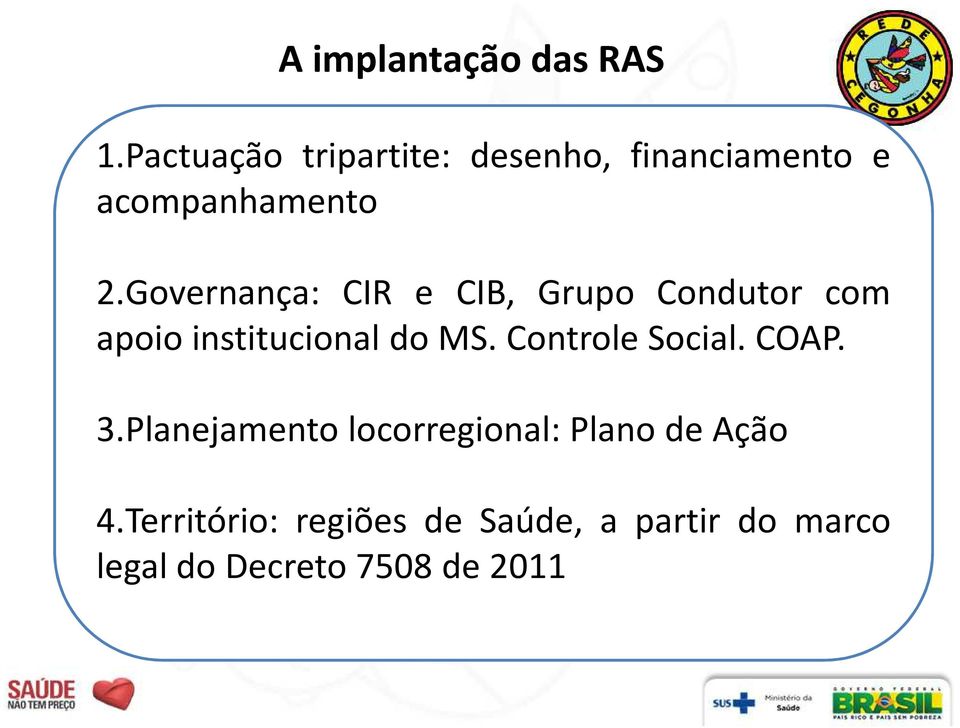 Governança: CIR e CIB, Grupo Condutor com apoio institucional do MS.