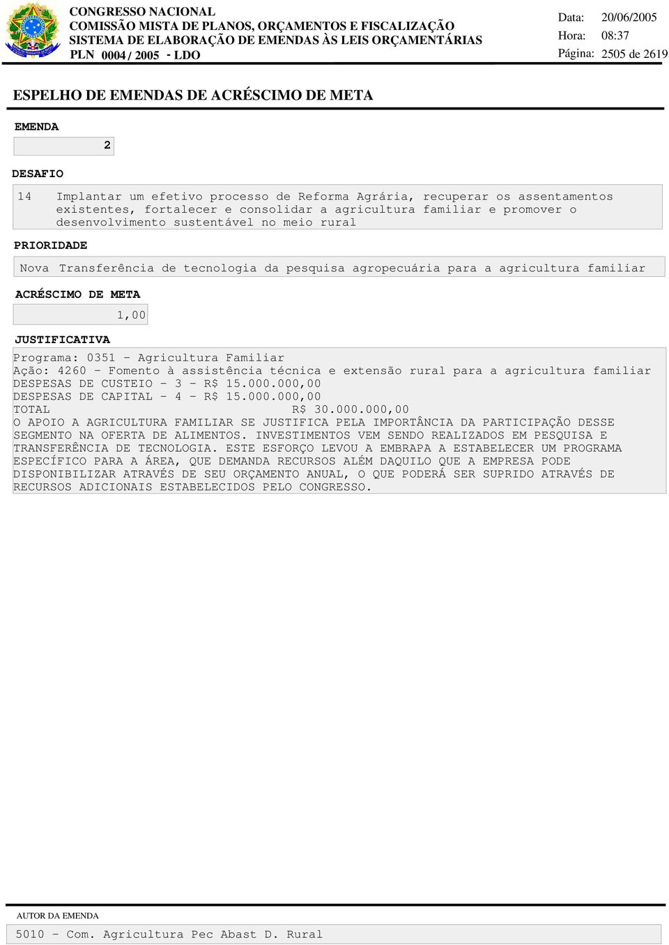 Familiar Ação: 4260 - Fomento à assistência técnica e extensão rural para a agricultura familiar DESPESAS DE CUSTEIO - 3 - R$ 15.000.