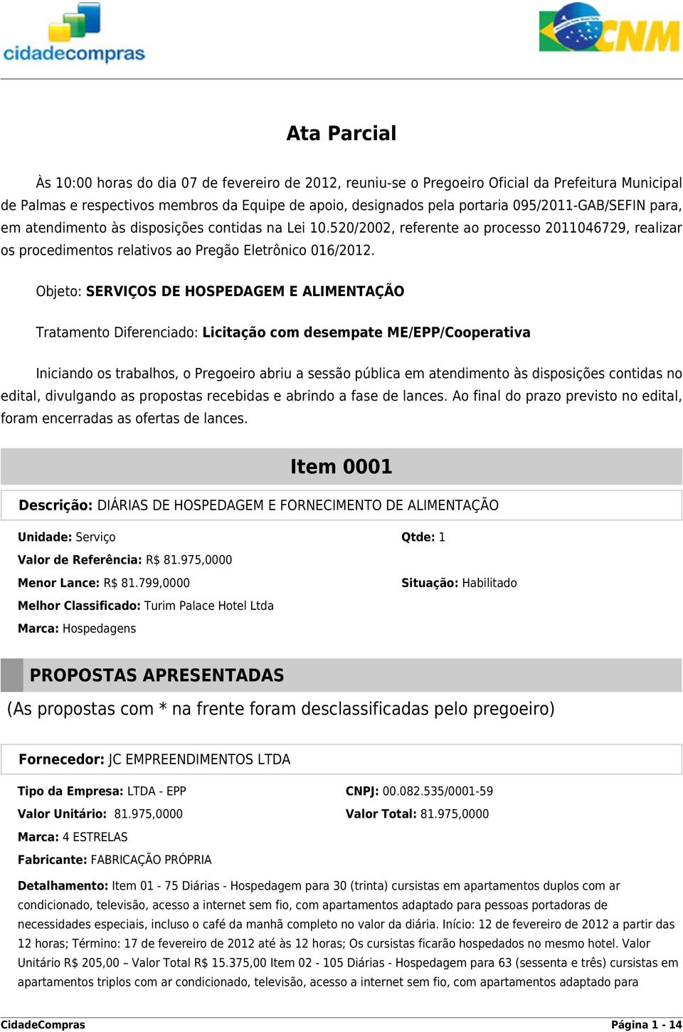 Objeto: SERVIÇOS DE HOSPEDAGEM E ALIMENTAÇÃO Tratamento Diferenciado: Licitação com desempate ME/EPP/Cooperativa Iniciando os trabalhos, o Pregoeiro abriu a sessão pública em atendimento às