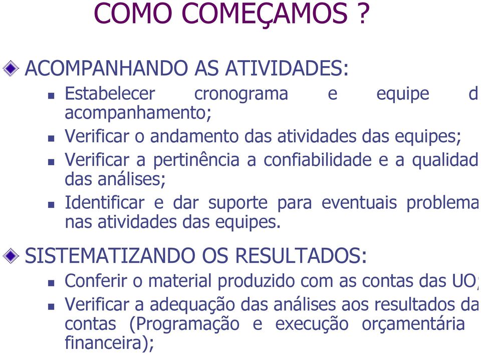 equipes; Verificar a pertinência a confiabilidade e a qualidad das análises; Identificar e dar suporte para eventuais