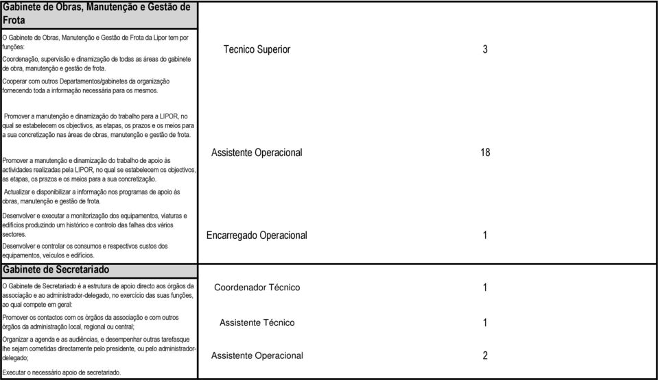 Tecnico Superior 3 Promover a manutenção e dinamização do trabalho para a LIPOR, no qual se estabelecem os objectivos, as etapas, os prazos e os meios para a sua concretização nas áreas de obras,