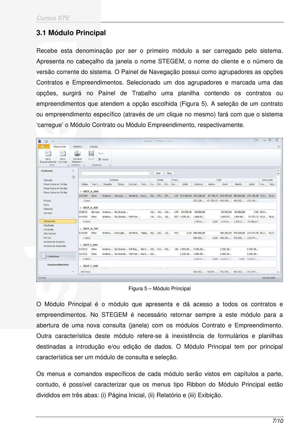 Selecionado um dos agrupadores e marcada uma das opções, surgirá no Painel de Trabalho uma planilha contendo os contratos ou empreendimentos que atendem a opção escolhida (Figura 5).