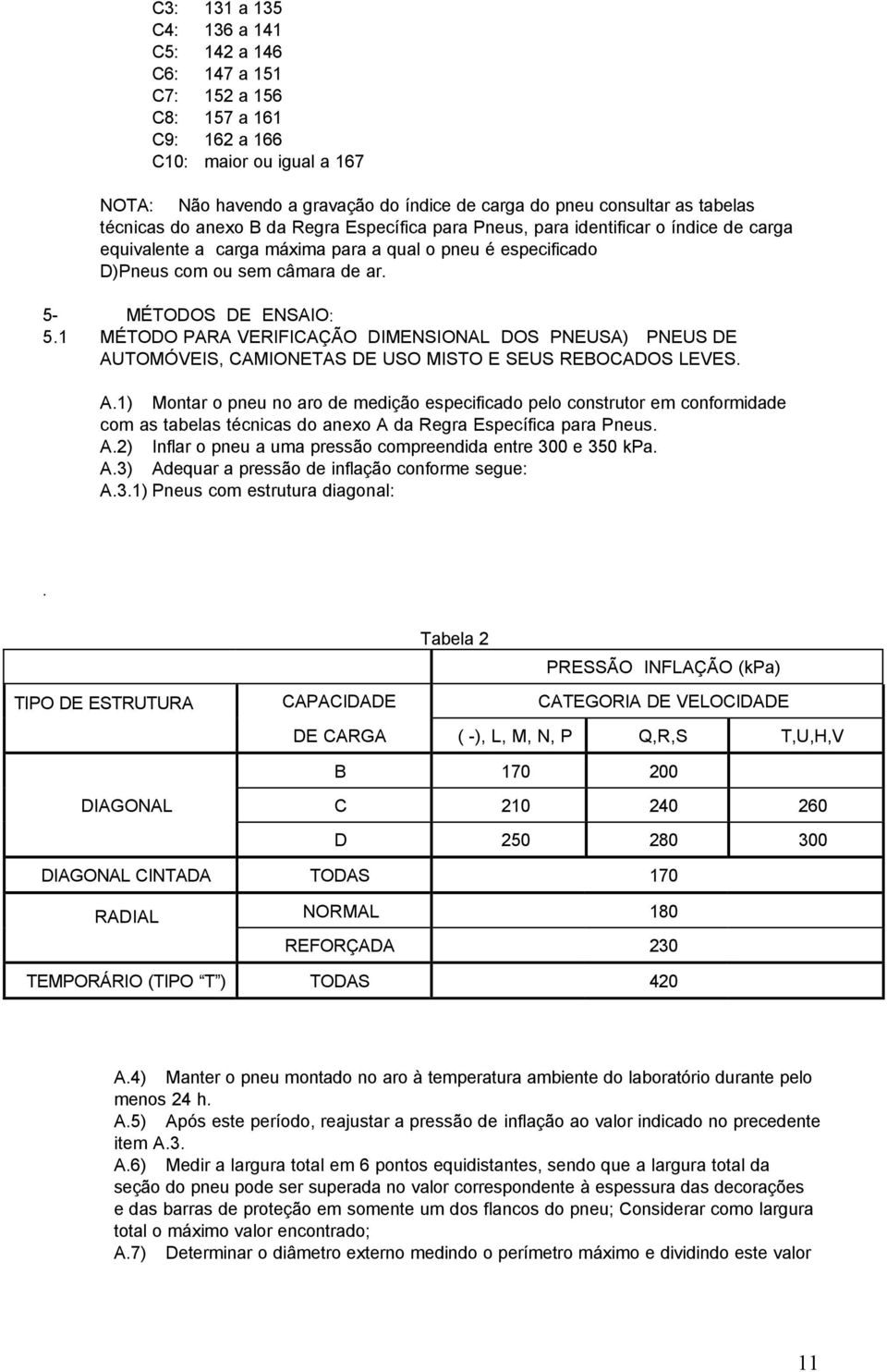 5- MÉTODOS DE ENSAIO: 5.1 MÉTODO PARA VERIFICAÇÃO DIMENSIONAL DOS PNEUSA) PNEUS DE AU