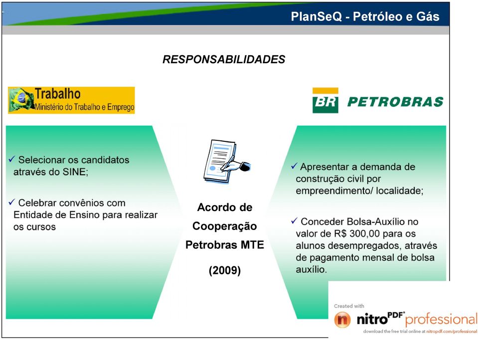 civil por empreendimento/ localidade; Acordo de Cooperação Petrobras MTE (2009) Conceder