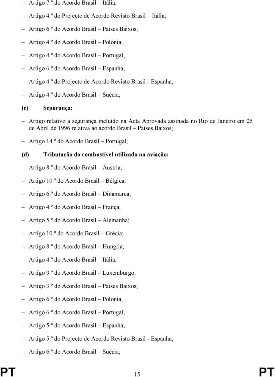 º do Acordo Brasil Suécia; (c) Segurança: Artigo relativo à segurança incluído na Acta Aprovada assinada no Rio de Janeiro em 25 de Abril de 1996 relativa ao acordo Brasil Países Baixos; Artigo 14.