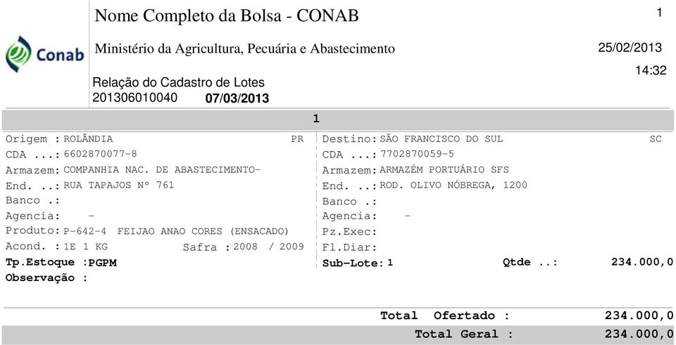: Agencia: - Produto: P-642-4 FEIJAO ANAO CORES (ENSACADO) Acond. : 1E 1 KG Safra :2008 / 2009 Tp.