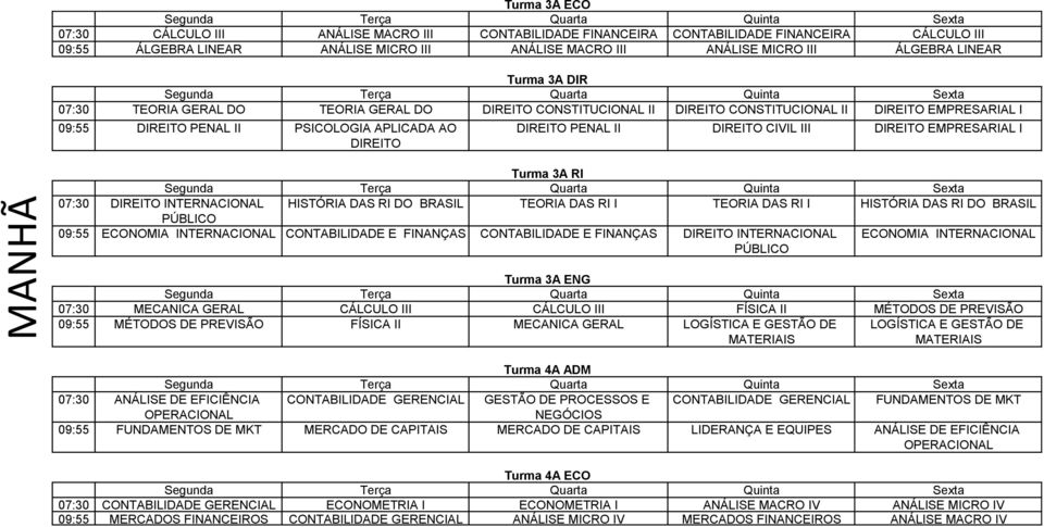 DIREITO DIREITO PENAL II DIREITO CIVIL III DIREITO EMPRESARIAL I MANHÃ Turma 3A RI 07:30 DIREITO INTERNACIONAL HISTÓRIA DAS RI DO BRASIL TEORIA DAS RI I TEORIA DAS RI I HISTÓRIA DAS RI DO BRASIL