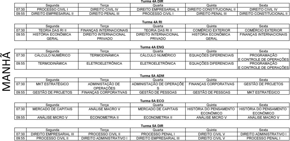 INTERNACIONAL PRIVADO HISTÓRIA ECONÔMICA GERAL FINANÇAS MANHÃ Turma 4A ENG 07:30 CÁLCULO NUMÉRICO TERMODINÂMICA CÁLCULO NUMÉRICO EQUAÇÕES DIFERENCIAIS PROGRAMAÇÃO E CONTROLE DE OPERAÇÕES 09:55